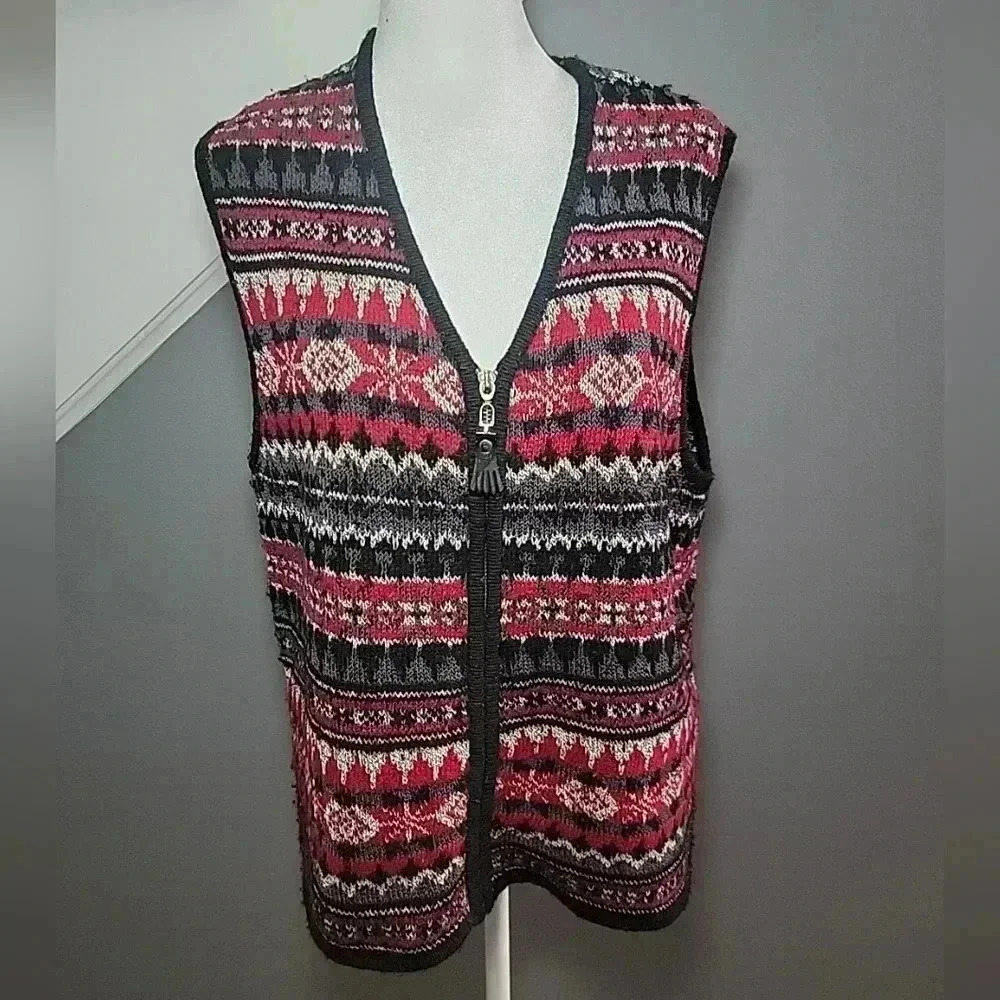 Portraits By Northern Isles Holiday Vest Size Large Ramie/Cotton Blend Full Zip